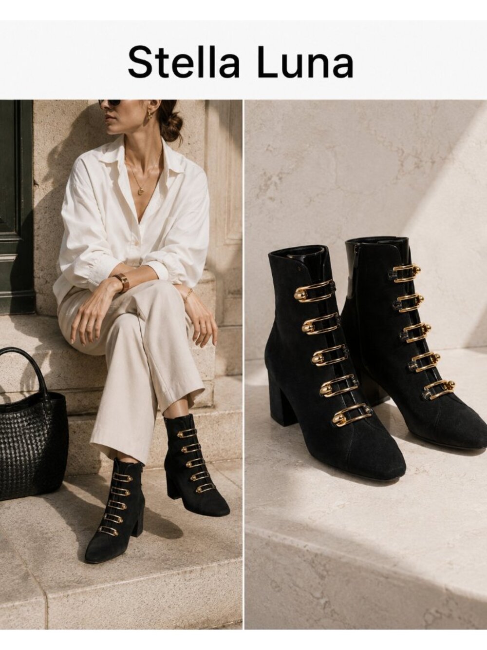 Stella Luna Black Suede Gold Hardware Ankle Boots EU 37 Designer Booties
